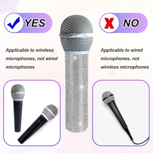 MECCANIXITY Silver Mic Handle Cover, Rhinestones Microphone Handle for Most Universal Wireless Microphones, Mic Not Included(with Black Velvet Bag) - color: Silver Black