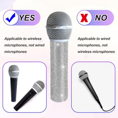 MECCANIXITY Silver Mic Handle Cover, Rhinestones Microphone Handle for Most Universal Wireless Microphones, Mic Not Included(with Black Velvet Bag) - color: Silver Black