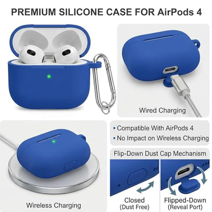 for Airpods 4th Case Cover, Come with Cleaner Kit,Soft Skin Silicone Case Cover with Keychain, Full Protective Case for Men and Women, Compatible with AirPods 4th Generation Case,Blue - color: Blue+pen