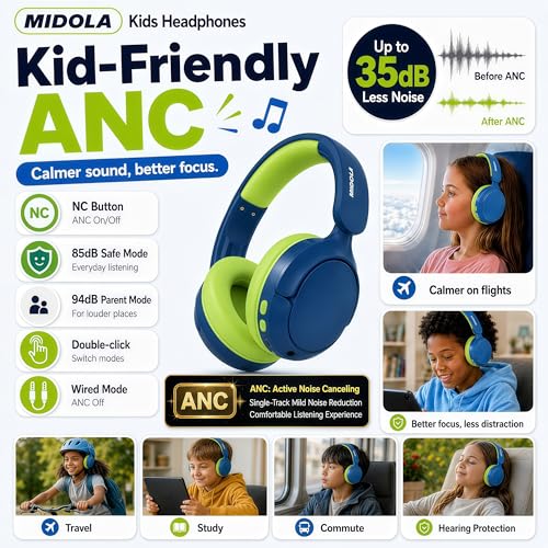 Kids Bluetooth Headphones Wireless,ANC, 68H,Safe Volume Limit 85/94dB Blue | Active Noise Cancelling,Adjustable Headband Foldable Over-Ear for Toddler Girls Boys Tablet/iPad,HD Stereo,Built-in Mic,Green - color: Deep Blue