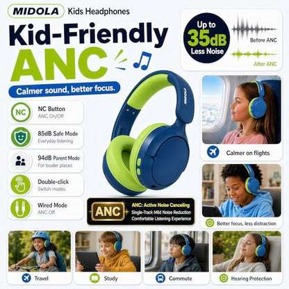 Kids Bluetooth Headphones Wireless,ANC, 68H,Safe Volume Limit 85/94dB Blue | Active Noise Cancelling,Adjustable Headband Foldable Over-Ear for Toddler Girls Boys Tablet/iPad,HD Stereo,Built-in Mic,Green - color: Deep Blue