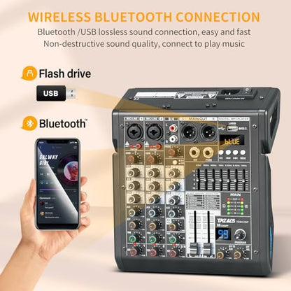 4 Channel Audio Mixer for Home Audio, Sound Mixer Board with USB Interface, 99 DSP Effects, 48V Phantom Power, XLR Inputs for Karaoke, Recording