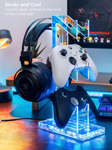 OAPRIRE Headset and Controller Stand with Lights, 3 Tier Acrylic Game Controller Holder, Controller and Headset Stand for Desktop,Universal Design Compatible with PS5/PS4/XBOX/SWITCH (Clear) - color: Clear, size: 3 Tier-Lights