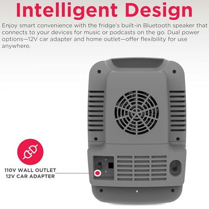Frigidaire Mini Personal Fridge Cooler, 4L Capacity Chills Six 12 oz Cans, Portable & Compact, AC Plug & 12V Car Charger – GREY, BUILT IN BLUETOOTH SPEAKER - color: Grey