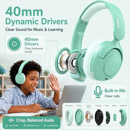 MIDOLA Kids Bluetooth Headphones Wireless,ANC,68H,Safe Volume Limit 85/94dB | Adjustable Headband Foldable Over-Ear for Toddler Girls Boys Tablet/iPad,HD Stereo,Built-in Mic,Green - color: Mint Green
