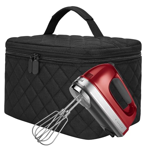 Hand Mixer Carrying Bag for KitchenAid 5/6/7/9 Speed Mixers | Quilted Storage Case with Aluminum Lining, Clear PVC Pocket and Top Handle for Hand Mixer, Beaters and Attachments, Black