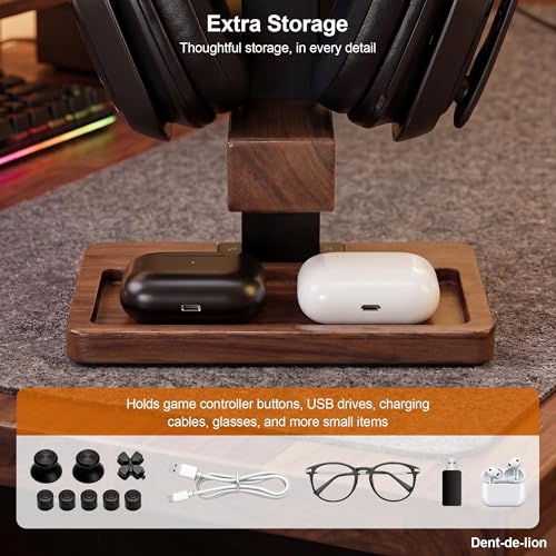 2-in-1 Solid Wood Headset Stand with Dual Game Controller Holder | Gaming Headphone Stand with Storage Base, 6 Joystick Sponge Rings and 8 Thumb Grips Gaming Equipment Accessories for Desk