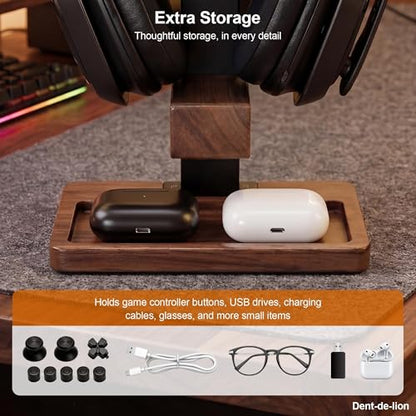 2-in-1 Solid Wood Headset Stand with Dual Game Controller Holder | Gaming Headphone Stand with Storage Base, 6 Joystick Sponge Rings and 8 Thumb Grips Gaming Equipment Accessories for Desk