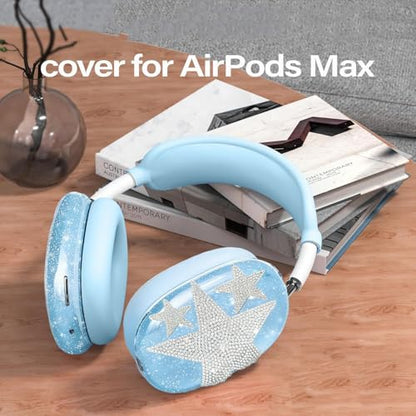 [4 in 1] Case Cover for AirPods Max 2/1 (2026/2024/2020) Ear Pad Case Cover/Headband Cover/Ear Cups Cover with Bling Star for Apple AirPods Max Headphones (Bling Sky Blue Star) - color: Bling Sky Blue Star