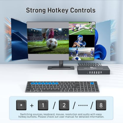 8 Port HDMI KVM with Multi-Viewer, 8x1 Quad Multiviewer Seamless Switcher, Support 4K@30Hz, PIP & POP, Keyboard Hotkey Switch, 3.5mm Audio Output - size: 4K30Hz 8x1 w/KVM