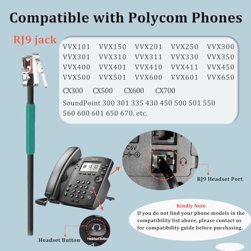 Callez Mono RJ9 Telephone Headset for Polycom VVX250 VVX400 VVX410 VVX411 | Polycom Phone Headset with Noise Cancelling Mic, Volume Controls, RJ9 Headphone Work for Polycom VVX311 VVX500 Office Phones