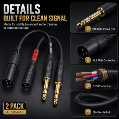 Sam&Johnny 1/4 to XLR Cable 6 Inch 2-Pack, Balanced Patch Cable TRS Male to XLR Male for Studio Monitor, Mixer & Amplifier – 24K Gold Plated, OFC Recording & Live Sound