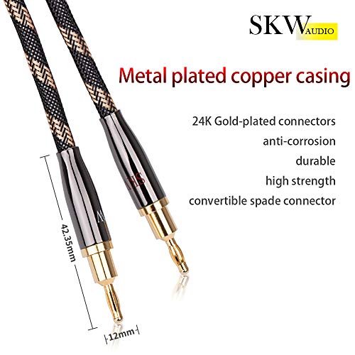 SKW Single Audiophile Speaker Cable,Convertible Banana Spade Gold Plated Connector,Nylon Braid,HiFi Quality Cable(8.2ft/2.5M,1 Cable for 1 Speaker) | 12AWG, 24K Gold-plated Convertible Plugs, 12.8mm Nylon-braid Jacket, Dual-shielded, Ultra-High Purity Cop