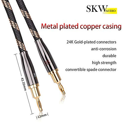 SKW Single Audiophile Speaker Cable,Convertible Banana Spade Gold Plated Connector,Nylon Braid,HiFi Quality Cable(8.2ft/2.5M,1 Cable for 1 Speaker) | 12AWG, 24K Gold-plated Convertible Plugs, 12.8mm Nylon-braid Jacket, Dual-shielded, Ultra-High Purity Cop