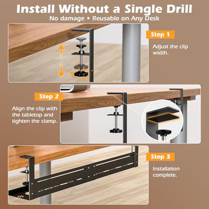 Under Desk Cable Management Tray - 18-29in Retractable Iron Cord Organizer, No-Drill Installation with Anti-Slip Pads, Desk Cable Tray for Office, Gaming,Standing Desks(Black)