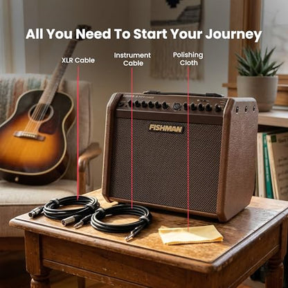 Fishman Loudbox Mini Charge Battery-Powered 60-Watt Acoustic Guitar Combo Amplifier Bundle with Gearlux XLR Cable, Instrument Cable, and Austin Bazaar Polishing Cloth - size: Mini Charge 60W