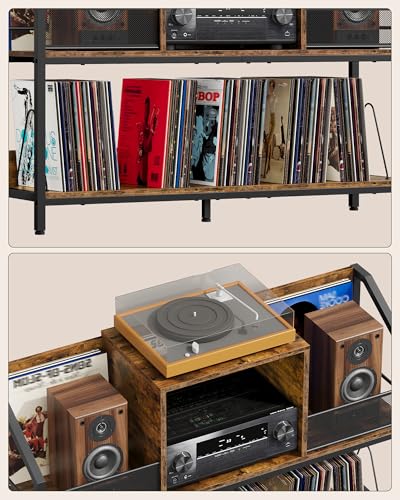 43" Vinyl Record Storage Holder, Large Record Player Table, Holds up to 400 Albums, Vinyl Record Player Display Stand, Removable Dividers, for CD, Audio Equipment Storage, Rustic Brown TCW77BF