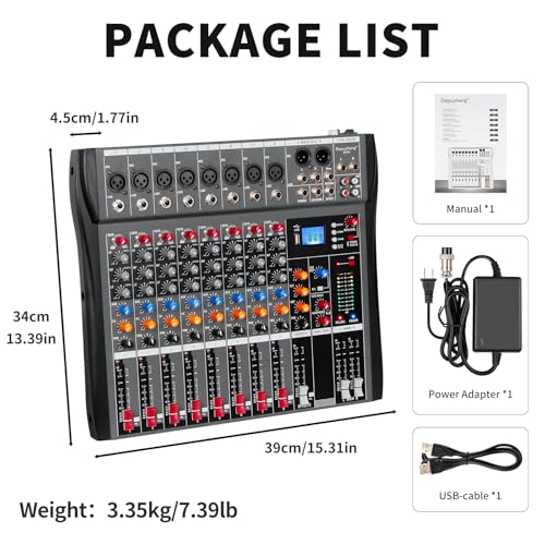 Depusheng Audio Mixer Professional 8 channel,DX8 Sound Board DJ Mixing Console System Interface USB MP3 Input Bluetooth 48V Phantom Power,Black, USB Audio Mixer for PC,for Studio Karaoke Live Music
