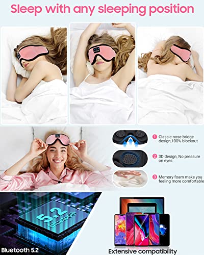 LC-dolida Sleep Headphones, Sleep Mask Bluetooth Wireless Music Eye Mask, Sleeping Headphones for Side Sleepers Sleep Mask with Bluetooth Headphones Ultra-Thin Stereo Speakers Perfect for Sleeping - color: Pink 3d