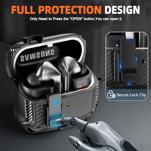 Safety Lock Case for Samsung Galaxy Buds3 FE/Pro/3 (Black) | Compatible with MagSafe, Carbon fibre texture Design,with Phone Stand& Cleaning kit,Keychain, - color: A-A-b-Black
