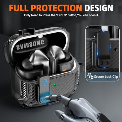 Safety Lock Case for Samsung Galaxy Buds3 FE/Pro/3 (Black) | Compatible with MagSafe, Carbon fibre texture Design,with Phone Stand& Cleaning kit,Keychain, - color: A-A-b-Black
