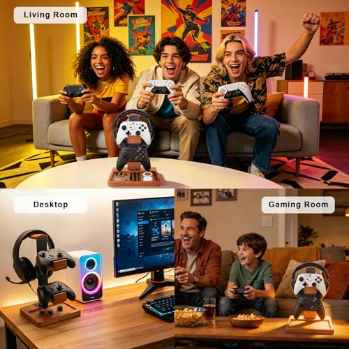 Headset Stand with Dual Controller Holder, Solid Wood | Headphone Stand with Storage Base, Gaming Equipment Accessories for Desk, Controller Holder for Gamers