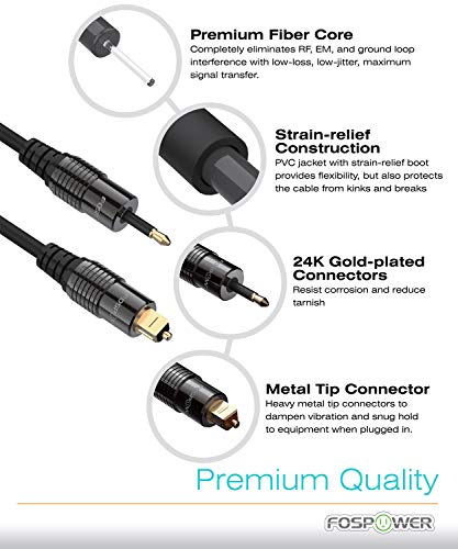 FosPower 24K Gold Plated Toslink to Mini Toslink Optical Audio Cable, 3 FT | High-fidelity digital S/PDIF optical Toslink to Mini Toslink cable featuring 24K gold-plated connectors & PVC jacket - size: 3 Ft - 1 Pack