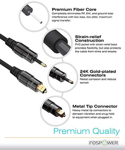 FosPower 24K Gold Plated Toslink to Mini Toslink Optical Audio Cable, 3 FT | High-fidelity digital S/PDIF optical Toslink to Mini Toslink cable featuring 24K gold-plated connectors & PVC jacket - size: 3 Ft - 1 Pack