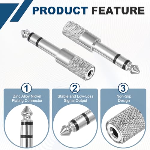 MECCANIXITY 4Pcs TRS6.35mm Male to 3.5mm Female 1/4" Plug to 1/8" Silver | Stereo Headphone Adapter, Jack, Audio Converter, Nickel Plated, for Guitars Speakers Computers Signal Conversion