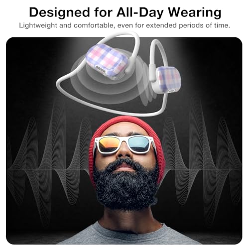 Purity Air Open Ear Headphones - True Air Conduction Wireless Bluetooth Open Ear Earbuds with Dual Mic for iPhone/Android - Secured Long Wearing Comfort, Sports Sweat Resistant (Pastel Plaid) - color: Pastel Plaid