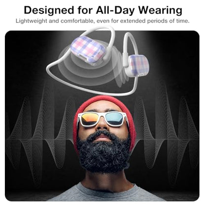 Purity Air Open Ear Headphones - True Air Conduction Wireless Bluetooth Open Ear Earbuds with Dual Mic for iPhone/Android - Secured Long Wearing Comfort, Sports Sweat Resistant (Pastel Plaid) - color: Pastel Plaid