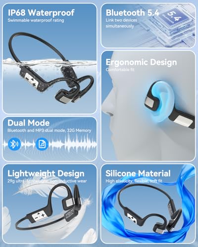 MONODEAL Bone Conduction Headphones Swimming Headphones, IP68 Waterproof | Bluetooth 5.4, Built-in 32GB MP3 Memory, Open Earphones Underwater Earbuds for Swimming Running Cycling