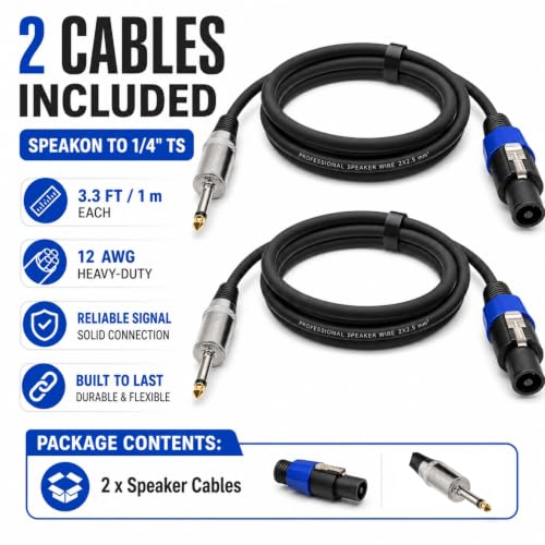 Speakon to 1/4 Inch Speaker Cable 3.3 Feet 2 Pack - Professional 12AWG DJ PA Audio Wire