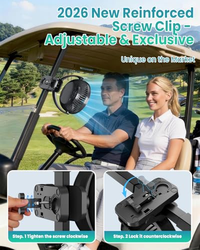 40000mAh 8" Clip on Fan, Rechargeable Battery Powered Fan with Screw Clamp | 150H Runtime, LED Light, 3 Speed, Portable Cooling Fan Ideal for Golf Cart, Desk, Tent, Travel, Gym, Treadmill, Summer Gifts
