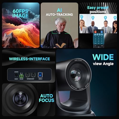 TONGVEO Wireless AI PTZ 20X Zoom Camera with Auto-Tracking: Built-in 5.8GHz Receiver for Cable-Free Setup, 1080P 60fps Conference Camera for Church Services, Online Classes & Hybrid Meetings - color: Gloss