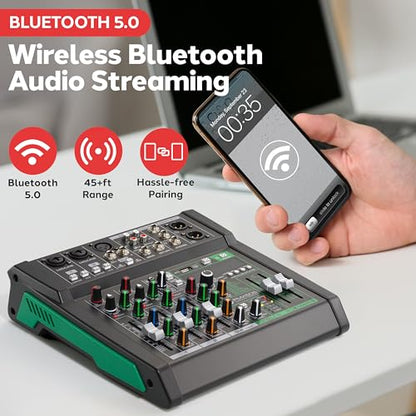Pyle 6 Channel Audio Mixer - 2 XLR Combo Mic Inputs, Bluetooth Studio Mixer/DJ Controller with DSP Digital Effects, USB-A In with MP3 Player, PC Recording, LED Level Meter, Smooth Dials and Faders - style: 6 Channel