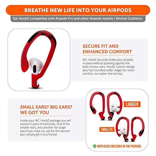 WC HookZ - Patented Upgraded Over Ear Hooks for AirPods Pro 1, 2 & AirPods 1, 2 & 3- Two Size Pairs Included in Package, Unique Left & Right Hook, Made by Wicked Cushions | Lava red - color: Lava
