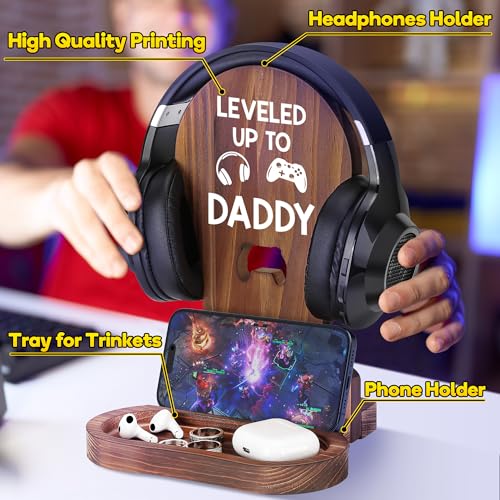 Slothoem Gamer Gifts for New Dad, New Expecting Dad First Fathers Day, New Dad Announcement, Best Birthday Gift for New Father, for Husband Soon-to-be-Dad, Wooden Headset Stand-Leveled Up To Daddy - style: Gamer Dad Gifts