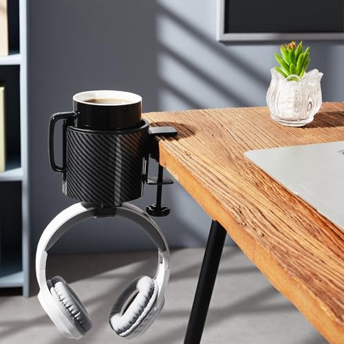 Luxury 2-in-1 Anti-Spill Cup Holder with Under Desk Headphone Hanger (Racing Carbon Edition) | MULTI-SCENE USE — Works on office cubicles, gaming desks, dorm tables, and outdoor camping setups - color: RACING CARBON EDITION