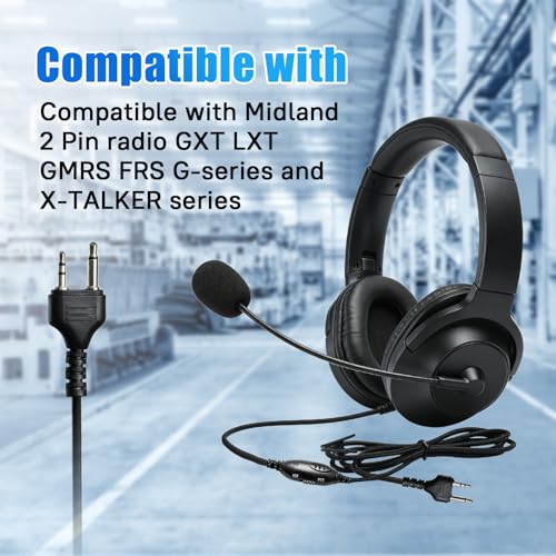2 Pin Walkie-talkie Earpiece Atv Over Head Headset Walkie Talkie Double Sided Vph Comms Ear Piece With Vox Ptt Boom Mic Earmuffs Headphone Compatible With Midland Radio Model t50 mb400 mxt275 xtalker