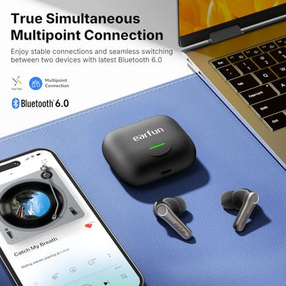 EarFun Air Pro 4+ Adaptive Noise Cancelling Wireless Earbuds, Dual Drivers | Qualcomm aptX Lossless, Translation Earbuds, Snapdragon Sound, 6 Mics AI Clear Calls, Hi-Res Sound, LDAC, Bluetooth 6.0, 54H - color: Black