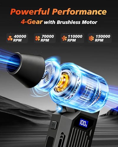 Compressed Air Duster, 150000RPM Electric Air Duster | 4-Gear Brushless Cordless, Mini Blower with LED Light, Rechargeable, For Computer, Car & Home