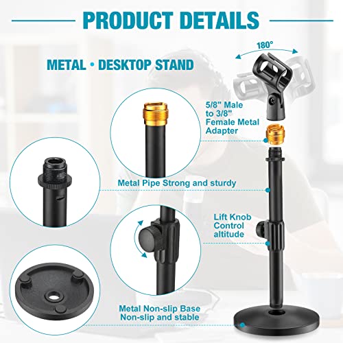 4 Pcs Desktop Mic Stand Adjustable tabletop Mic Stand microphone desk stands with 5/8" Male to 3/8" Female Screw Metal Round Base for Table Desk Interviews, Black