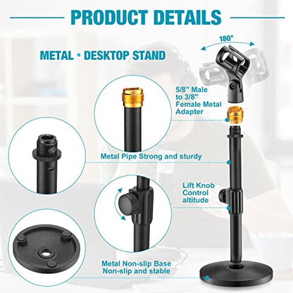 4 Pcs Desktop Mic Stand Adjustable tabletop Mic Stand microphone desk stands with 5/8" Male to 3/8" Female Screw Metal Round Base for Table Desk Interviews, Black