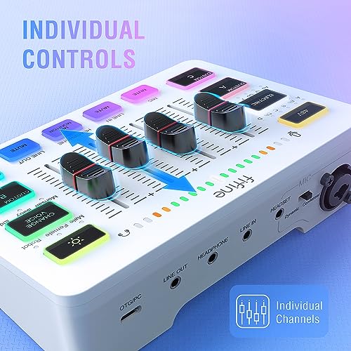 FIFINE Audio Mixer, Gaming Streaming PC Mixer with Slider Fader, XLR Microphone Interface, Monitoring, for Video/Game Voice/Podcast Recording-AmpliGame SC3W | USB PnP For PC,Mute Button,XLR Preamp,RGB,Voice change,48V Phantom Power,Monitoring,Podcast,Reco
