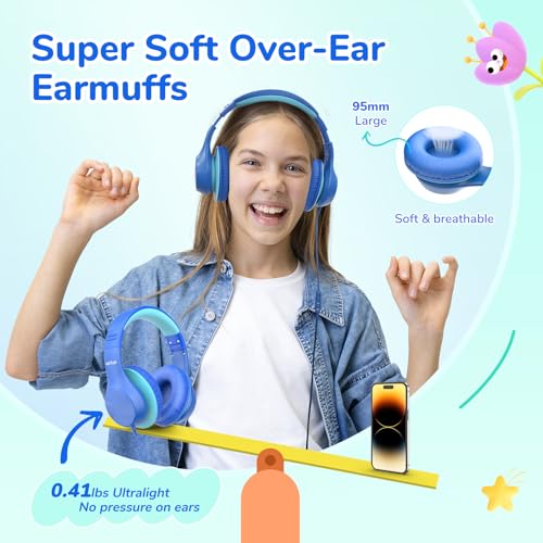 EarFun K3 Kids Headphones, Over Ear Headphones with Microphones, 85/94dB Safe Volume Limit, HD Stereo Sound, 3.5mm Jack, Foldable Wired Headphones for School/Travel/Boys/Girls/Tablet/iPad, Blue | Built-in Mic, 85/94dB Volume Limit, HD Stereo Sound, 3.5mm