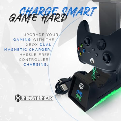 Charging Station for Xbox Series X, S, Xbox Elite, Xbox One, PS5, PS4 Controllers Dual Charger with Headphone Stand (Black with Green LED Glow) Includes Rechargeable Battery Pack