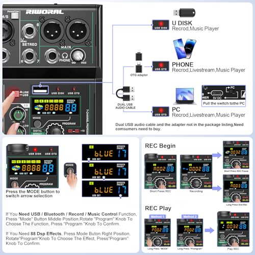 USB interface Audio 7 Channel Mixer With Effects 88 Dsp Digital DJ Mixing Board Bluetooth Music Player 48v Line For Condenser Mic Audio Mixer to PC/Phone For Karaoke Record Livestream