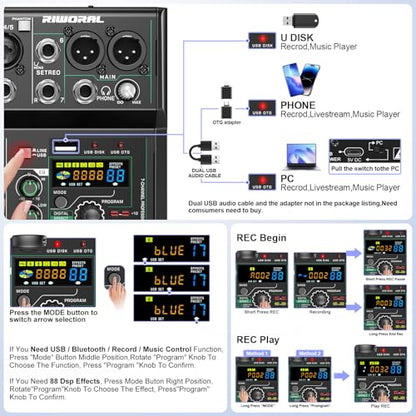 USB interface Audio 7 Channel Mixer With Effects 88 Dsp Digital DJ Mixing Board Bluetooth Music Player 48v Line For Condenser Mic Audio Mixer to PC/Phone For Karaoke Record Livestream