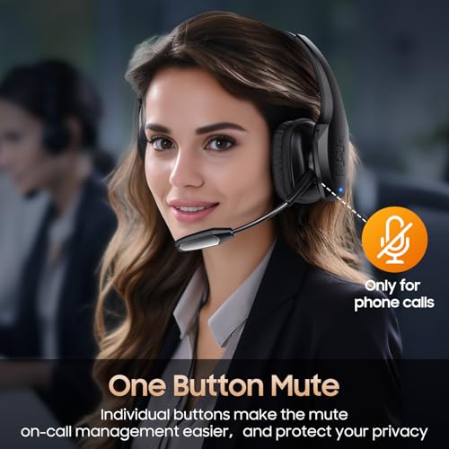 Trucker Bluetooth Headset, Wireless Headset with Mic, Bluetooth Headsets with Dual Noise Cancelling Microphone & Mute Button, 55Hrs Working Time PC Headsets for Cell Phones, Computer, Truck Driver